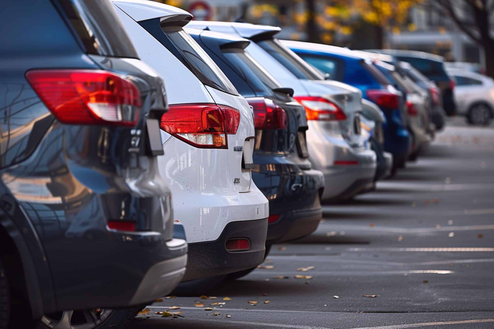 A row of parked cars in an outdoor storage facility