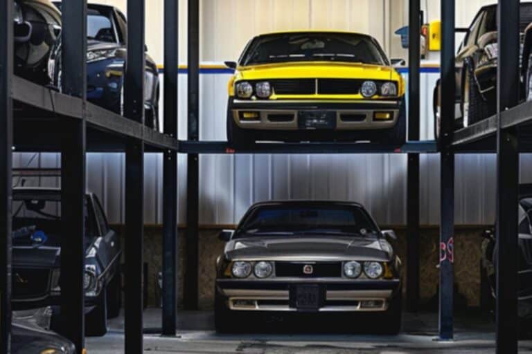 An eye-level view of an indoor car storage facility