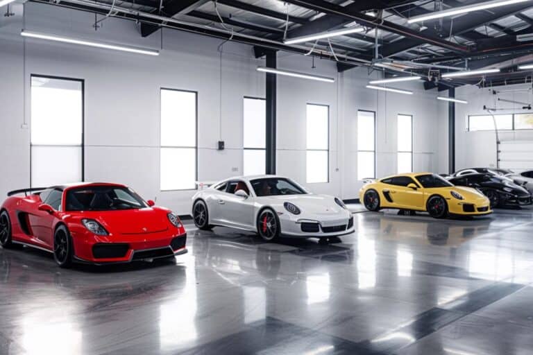 An interior space showcasing multiple cars parked in an industrial-style garage with concrete floors and white walls